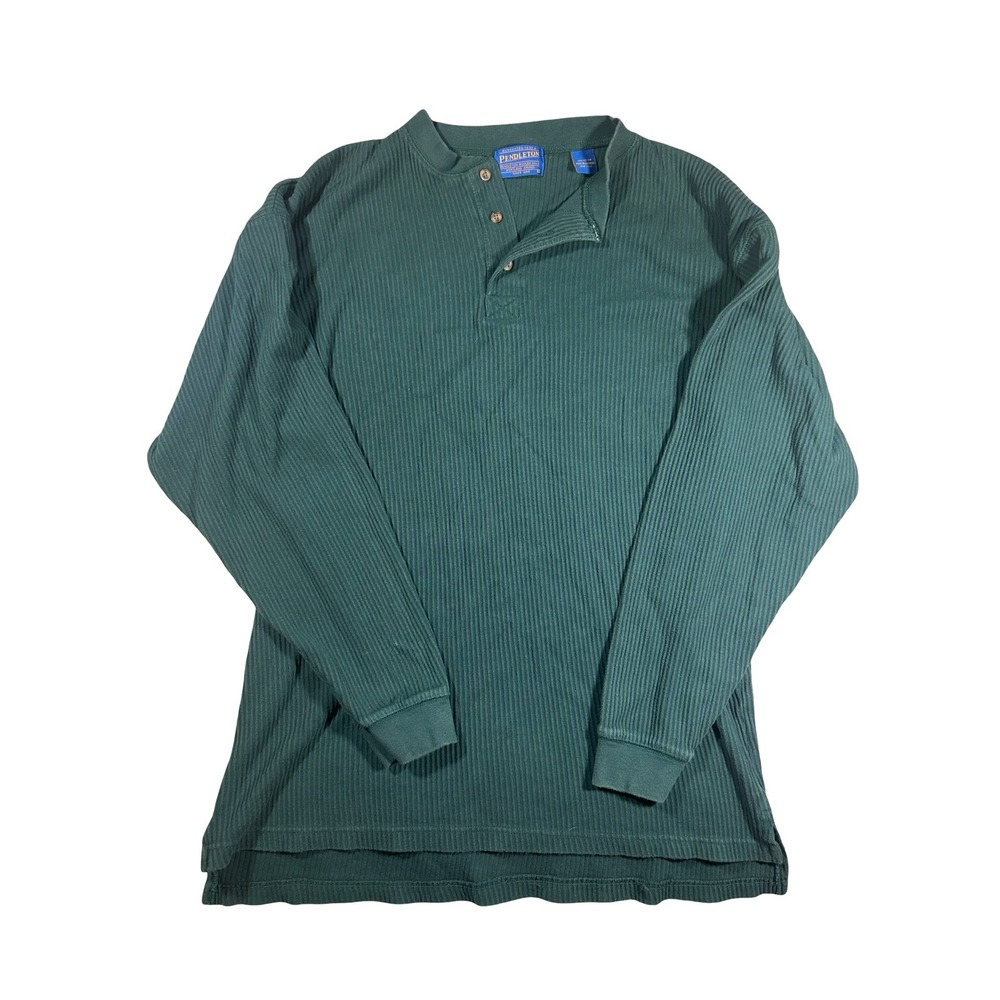 Pendleton Mens Large Forest Green Ribbed Cotton Long Sleeve Henley Shirt